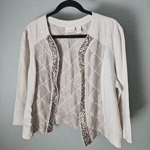 Chico's 100% Beaded Embroidered Open Blazer Jacket Size 2/L/12 Pockets ¾ Sleeves